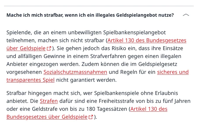 ESBK-Antwort: Spielende an unbewilligten Angeboten machen sich nicht strafbar, Anbieter riskieren bis zu 5 Jahre Freiheitsstrafe, Artikel 130 BGS