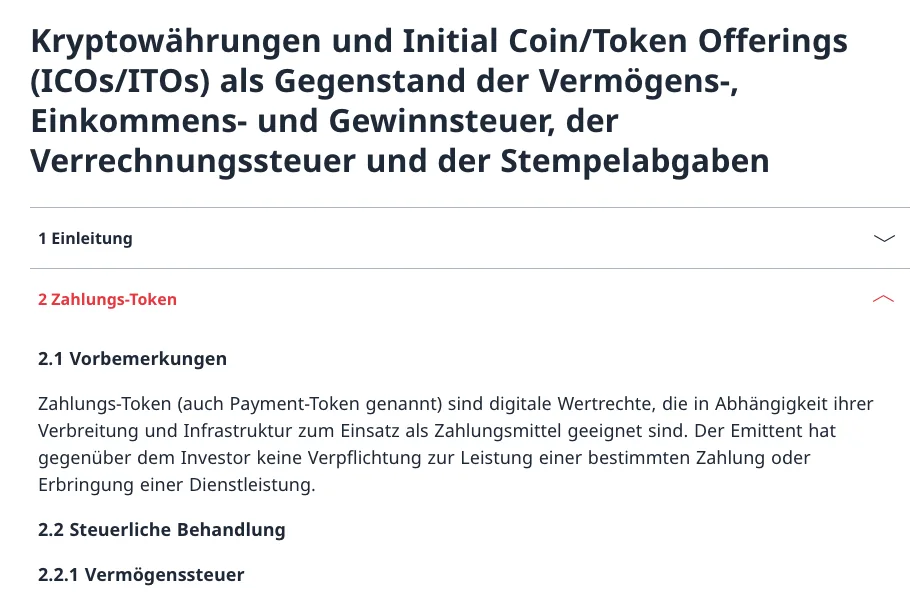Fachinformation der ESTV zur Besteuerung von Kryptowährungen und Zahlungs-Token