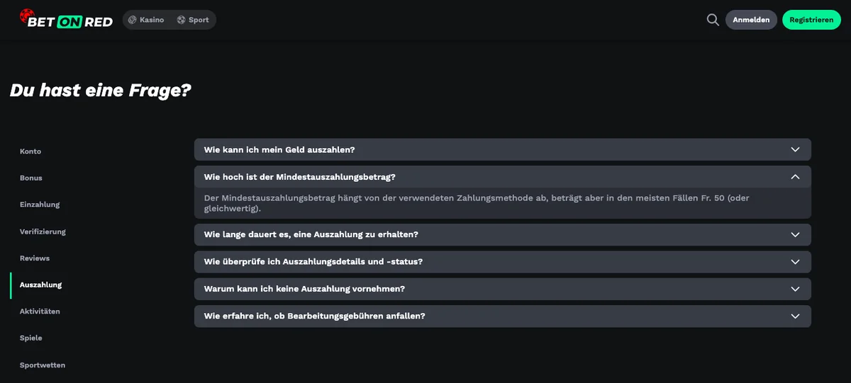 FAQ von BetOnRed, Rubrik Auszahlung, mit der Antwort zum Mindestauszahlungsbetrag