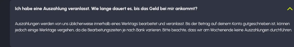 Hilfe von Casineo: Auszahlungen üblicherweise innert eines Werktags, am Wochenende nicht
