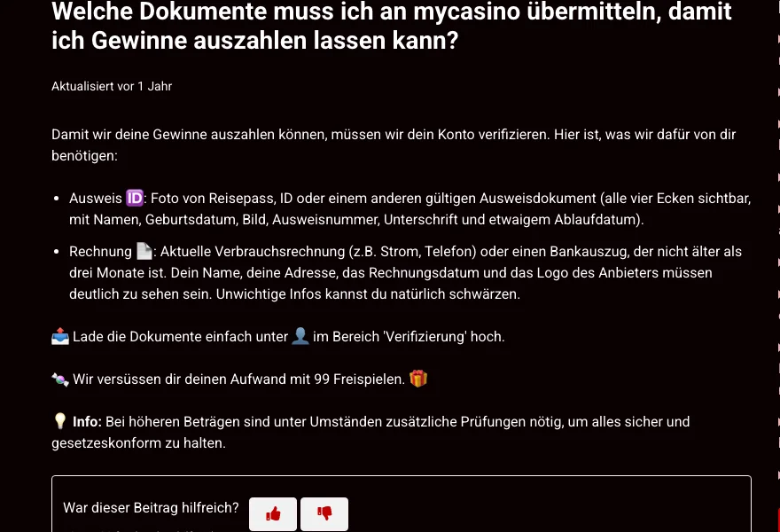 Hilfe von mycasino zur Verifizierung: Ausweis und Rechnung nicht älter als drei Monate, 99 Freispiele nach der Prüfung