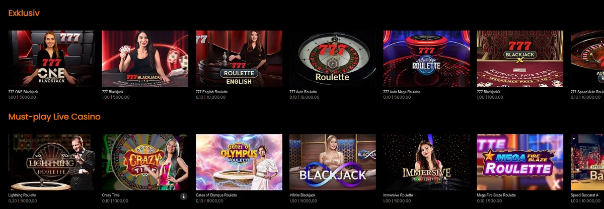 Live-Casino von Casino777 mit eigenen 777-Tischen wie 777 ONE Blackjack und 777 Auto Roulette samt Einsatzspannen, Stand Oktober 2026