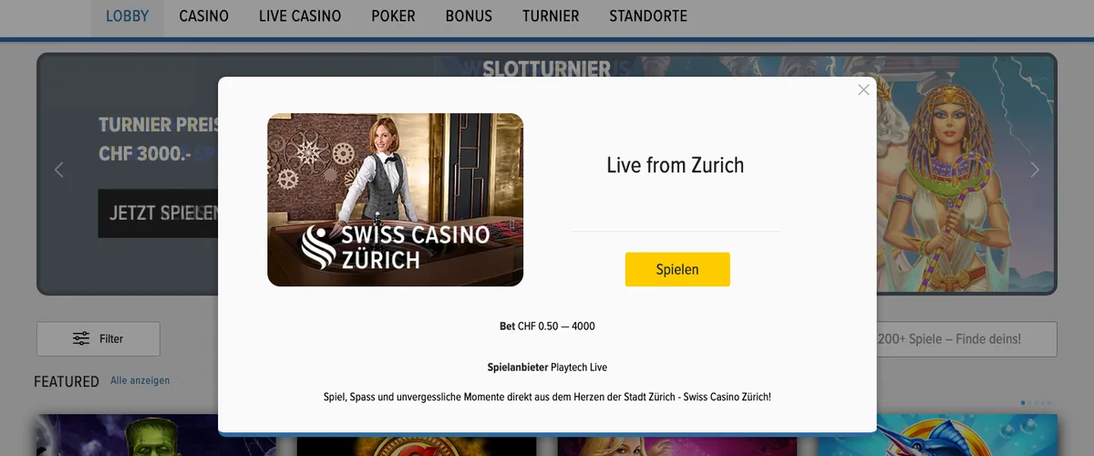 Spielseite «Live from Zurich» bei Swiss Casinos mit Einsätzen von CHF 0.50 bis 4'000 und Anbieter Playtech Live