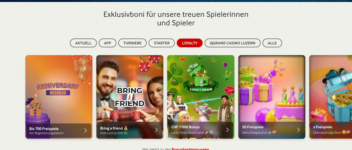 Rubrik Loyalty bei mycasino mit Freispielen zum Registrierungsdatum, Bring a friend, Lucky Draw und Geburtstagsbonus, Stand Oktober 2026