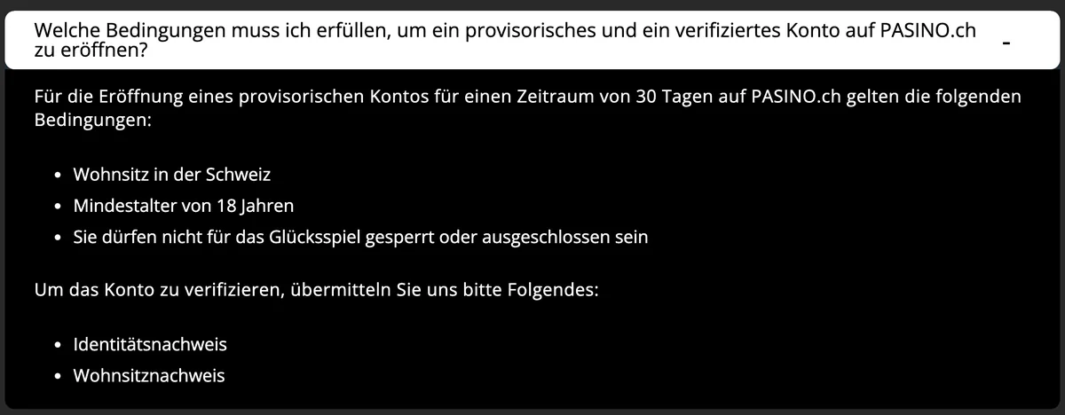 Hilfe von PASINO.ch: provisorisches Konto für 30 Tage, verifiziert wird mit Identitäts- und Wohnsitznachweis