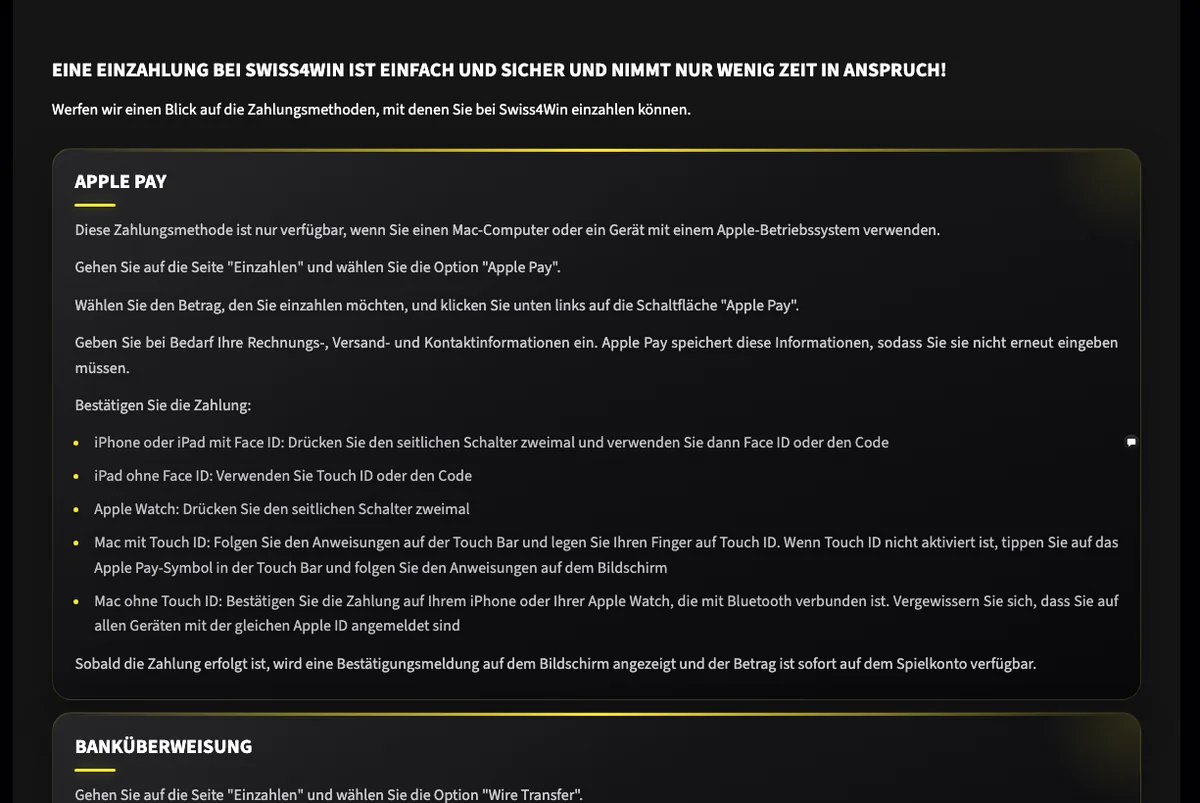 Zahlungsmethoden für Einzahlungen bei Swiss4Win: Apple Pay, PostFinance und weitere, Stand Oktober 2026