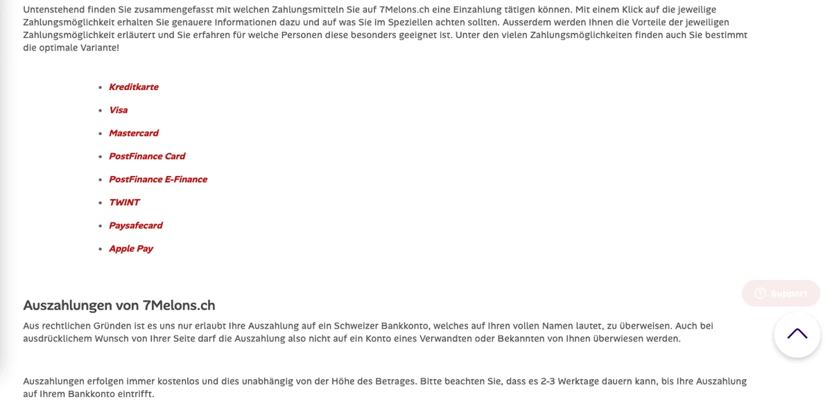 Zahlungsmöglichkeiten von 7melons: Kreditkarte, PostFinance Card, E-Finance, TWINT, Paysafecard und Apple Pay, Stand Oktober 2026