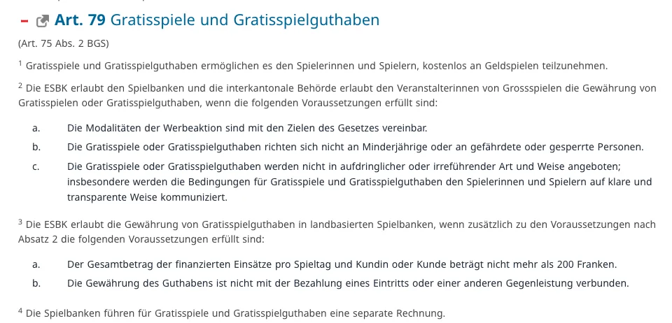 Artikel 79 der Geldspielverordnung (VGS) zu Gratisspielen und Gratisspielguthaben