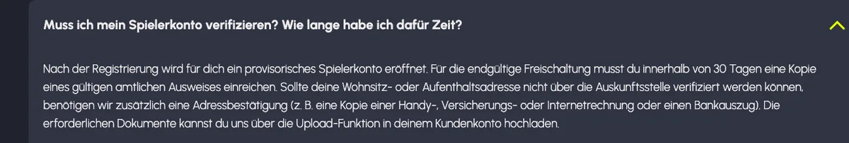Hilfe von Casineo zur Kontoverifizierung: provisorisches Konto und Ausweis innert 30 Tagen