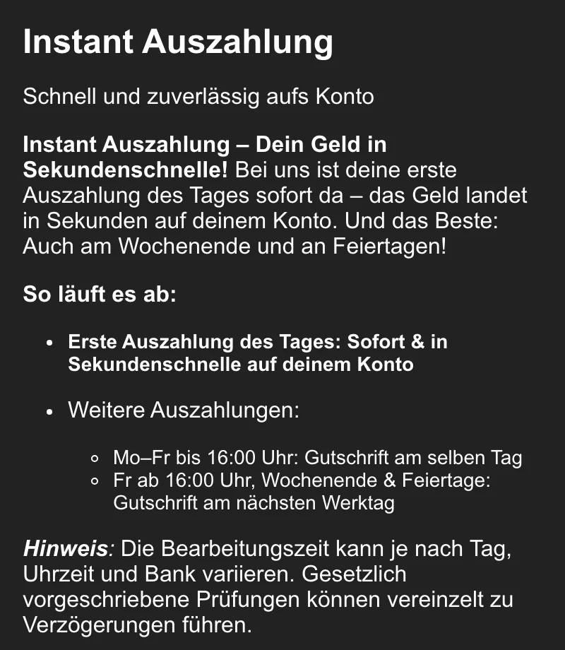 Instant-Auszahlung bei Admiral: erste Auszahlung des Tages sofort, weitere Mo–Fr bis 16 Uhr am selben Tag, Stand Oktober 2026