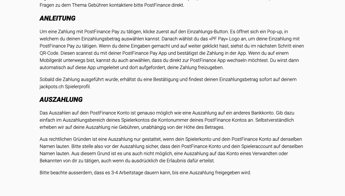 Anleitung von Jackpots.ch für die Einzahlung mit PostFinance Pay per QR-Code in der PostFinance App