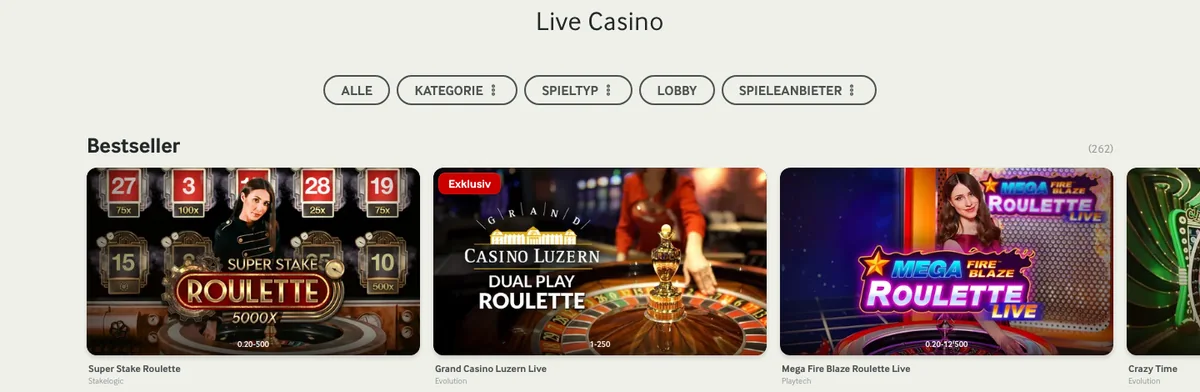 Roulette-Tische im Live-Casino von mycasino: Super Stake Roulette CHF 0.20 bis 500, Grand Casino Luzern Live CHF 1 bis 250, Mega Fire Blaze CHF 0.20 bis 12'500