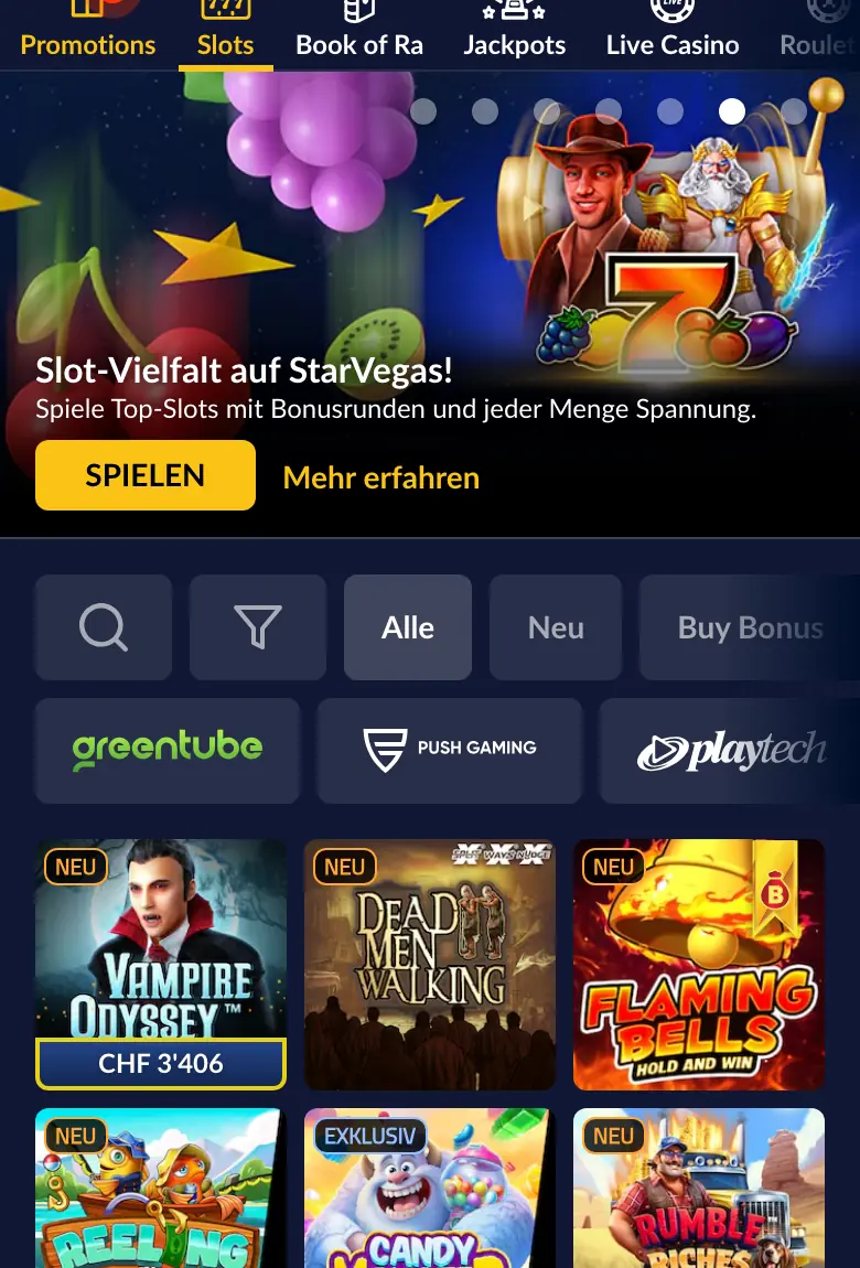 StarVegas in der mobilen Ansicht im Browser mit Slot-Lobby und Filtern, Stand Oktober 2026
