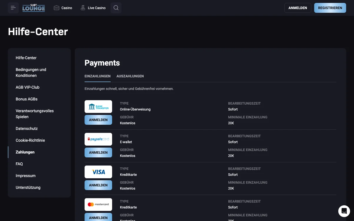 Zahlungsseite von SlotLounge: Einzahlung ab EUR 20 ohne Gebühr, Krypto ab 0,0001 BTC