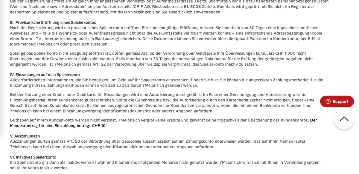 AGB von 7melons zur provisorischen Eröffnung eines Spielerkontos und zur Verifizierung innert 30 Tagen