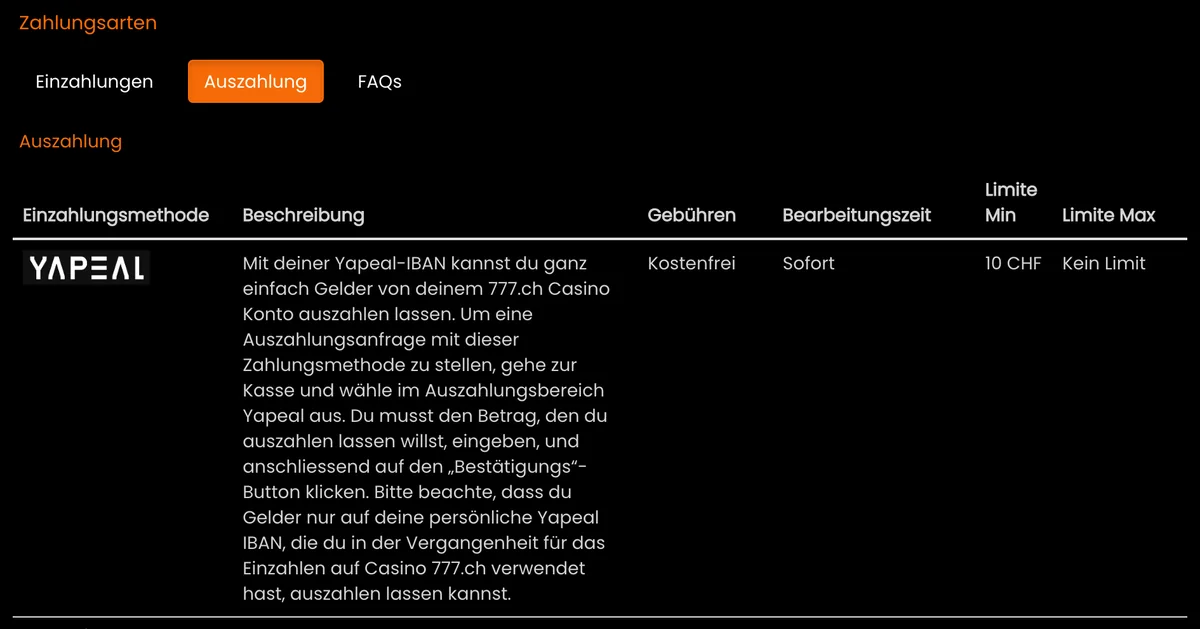 Auszahlung bei Casino777: Yapeal kostenfrei und sofort, ab CHF 10 und ohne Limit, Stand Oktober 2026