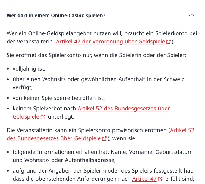 ESBK zu den Voraussetzungen für ein Online-Spielerkonto in der Schweiz: Volljährigkeit, Wohnsitz, keine Spielsperre
