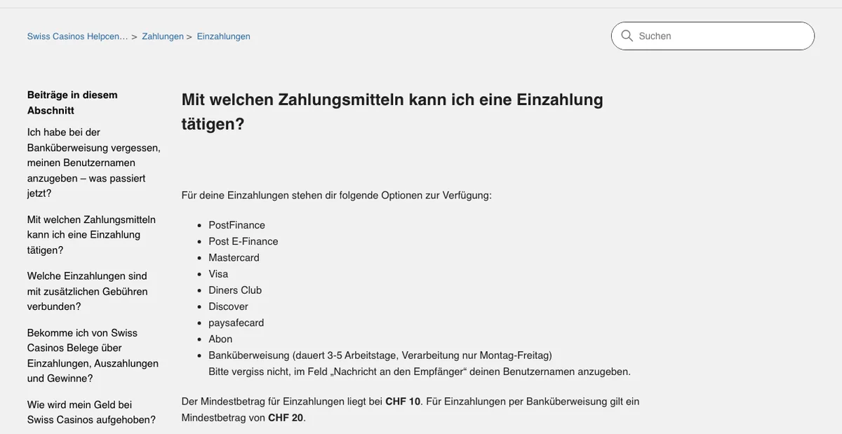 Helpcenter von Swiss Casinos mit den Zahlungsmitteln für Einzahlungen: PostFinance, Post E-Finance, Mastercard, Visa, Diners Club, Discover, paysafecard, Abon