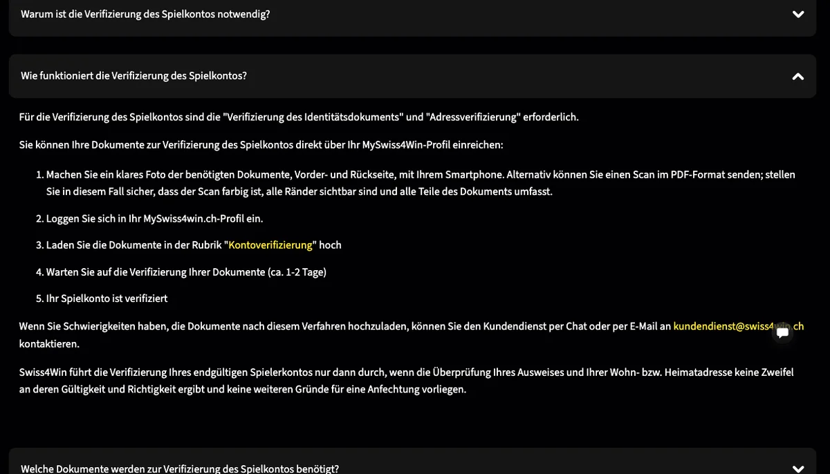 Hilfe von Swiss4Win zur Verifizierung des Spielkontos mit Ausweis und Dokumenten
