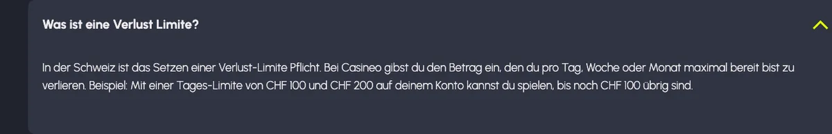 Hilfe von Casineo zur Verlust-Limite: Pflicht in der Schweiz, pro Tag, Woche oder Monat