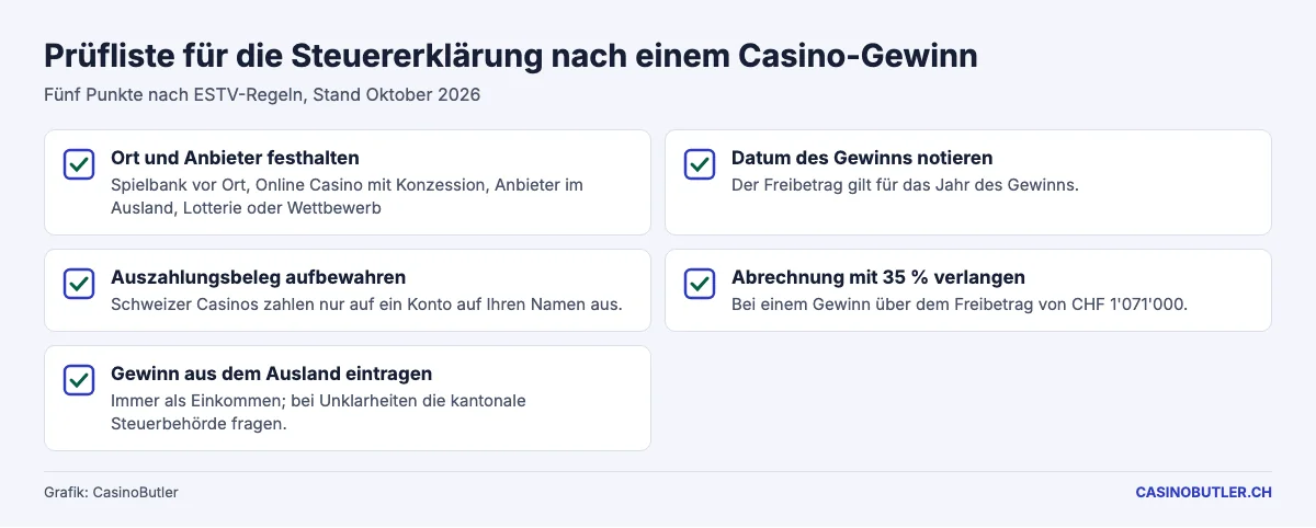 Fünf Prüfpunkte für die Steuererklärung nach einem Casino-Gewinn
