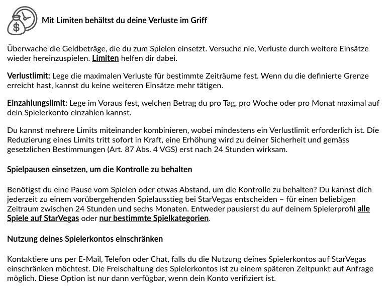 Schutzwerkzeuge bei StarVegas: Verlustlimit, Einzahlungslimit, Spielpause und Einschränkung des Spielerkontos