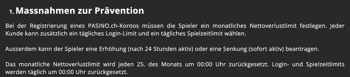 Spielerschutz bei PASINO.ch: monatliches Nettoverlustlimit bei der Registrierung, dazu tägliches Login- und Spielzeitlimit