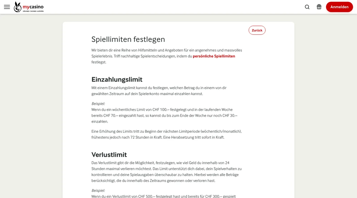 Seite von mycasino zu den Spiellimits: Einzahlungs- und Verlustlimit sowie Spielpause
