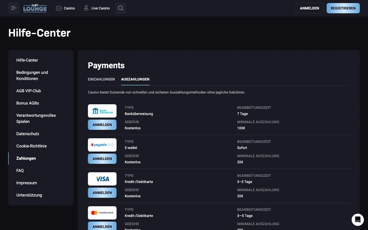 Auszahlungstabelle von SlotLounge: E-Wallet und Krypto sofort, Karte 3 bis 5 Tage, Bank 7 Tage
