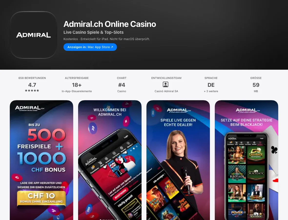 App-Store-Eintrag der Admiral.ch App mit 4,7 Sternen aus 658 Bewertungen, Stand Oktober 2026