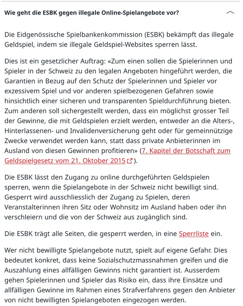 Antwort der ESBK zum Vorgehen gegen nicht bewilligte Online-Spielangebote aus dem Ausland und zum Risiko für Spieler
