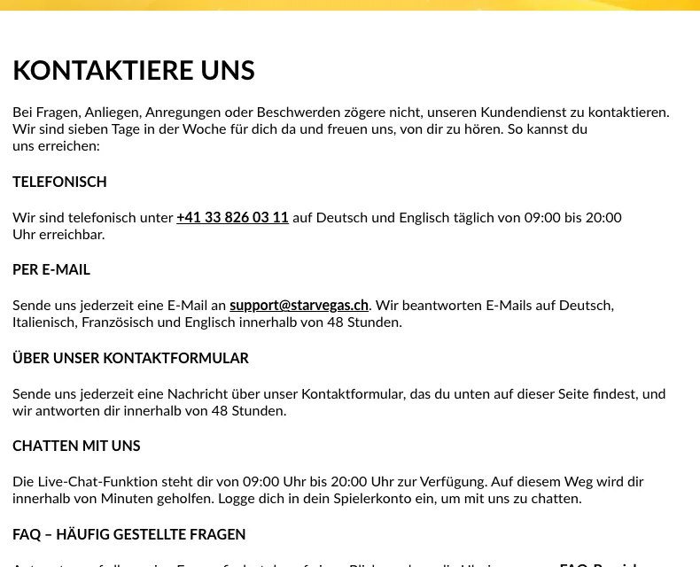 Kontaktwege von StarVegas mit Telefonnummer, E-Mail, Kontaktformular und Chat von 9 bis 20 Uhr