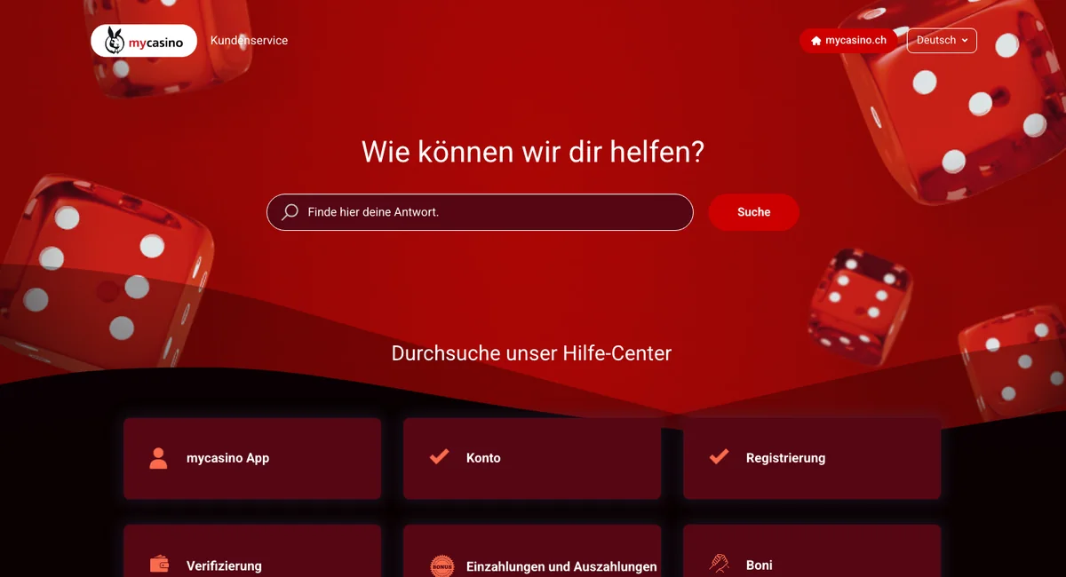 Hilfe-Center von mycasino mit Suche und Themen von App bis Einzahlungen und Auszahlungen, Stand Oktober 2026