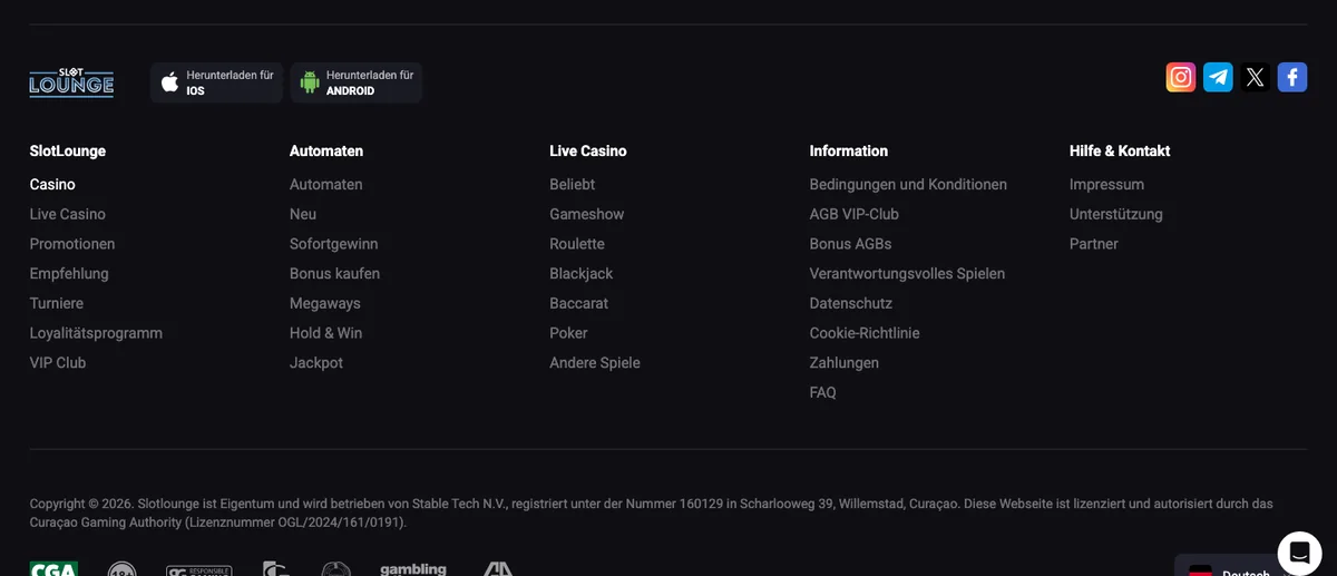 Fusszeile von SlotLounge mit Stable Tech N.V. und Lizenz OGL/2024/161/0191