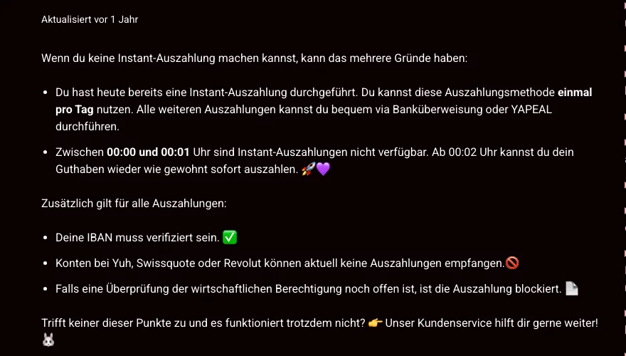 Hinweis von mycasino zur Instant-Auszahlung: einmal pro Tag, nicht zwischen 00:00 und 00:01 Uhr, IBAN muss verifiziert sein