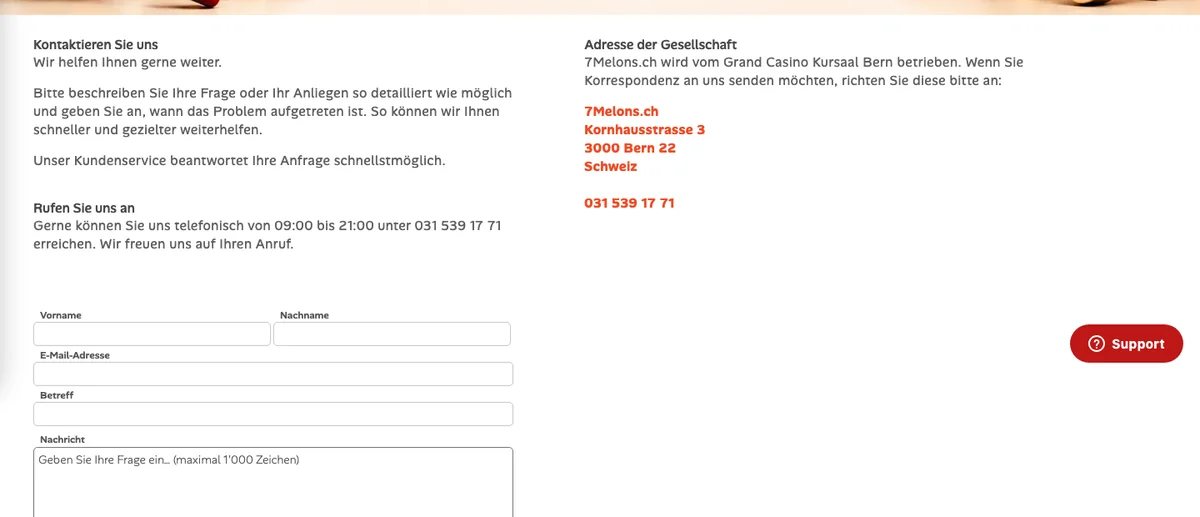 Kontaktseite von 7melons mit Telefonnummer 031 539 17 71 und Erreichbarkeit von 9 bis 21 Uhr, Stand Oktober 2026
