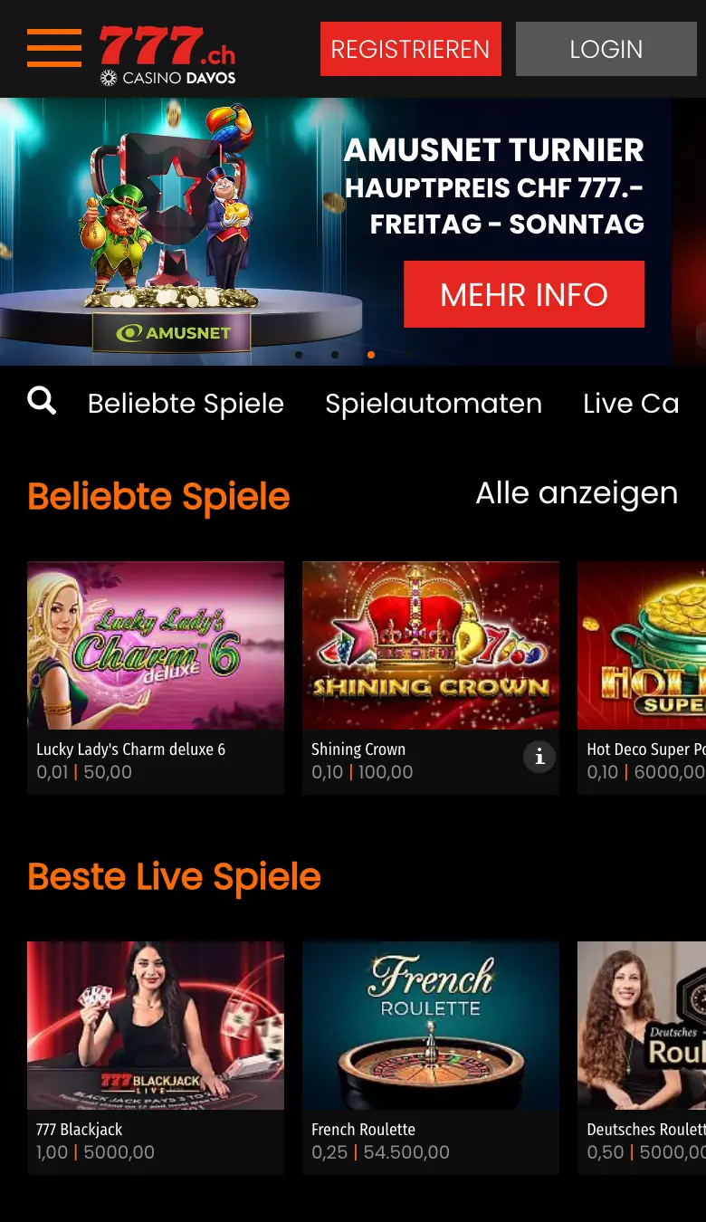 Mobile Ansicht von Casino777 im Browser mit beliebten Spielen und Live-Tischen samt Einsatzspannen, Stand Oktober 2026