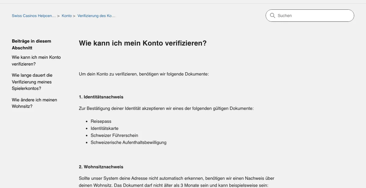 Helpcenter von Swiss Casinos zur Verifizierung des Kontos