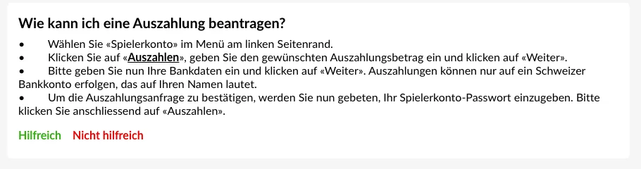 Hilfe von StarVegas zur Auszahlung: nur auf ein Schweizer Bankkonto, das auf den eigenen Namen lautet