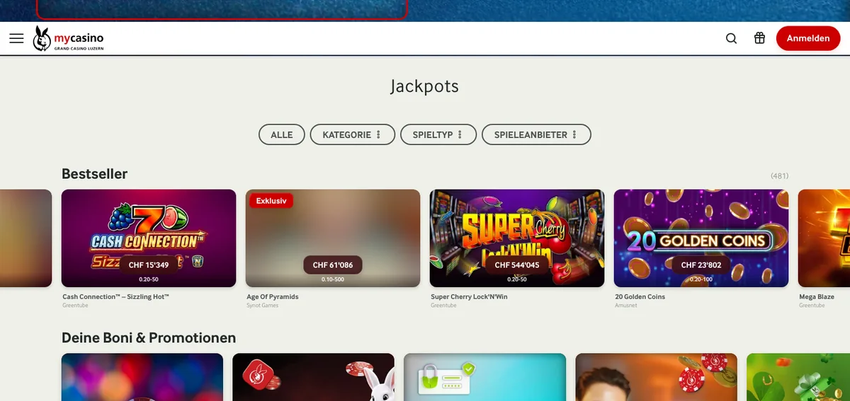 Jackpot-Lobby von mycasino mit Super Cherry Lock'N'Win und aktuellem Jackpotstand, Stand Oktober 2026