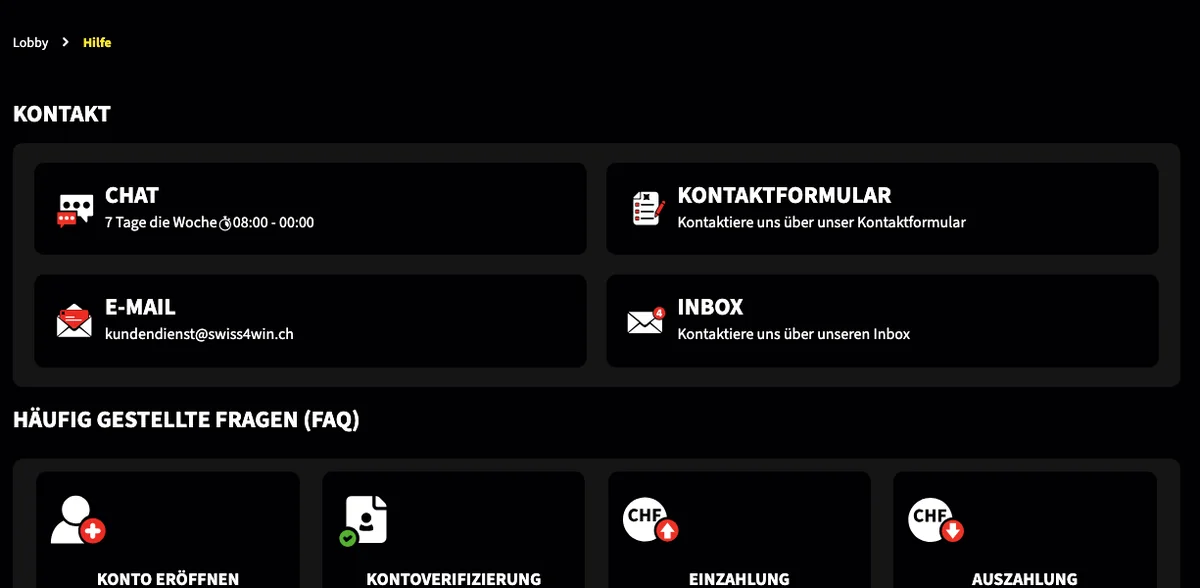 Kontaktwege von Swiss4Win: Chat 7 Tage die Woche von 8 bis 24 Uhr, Kontaktformular und E-Mail