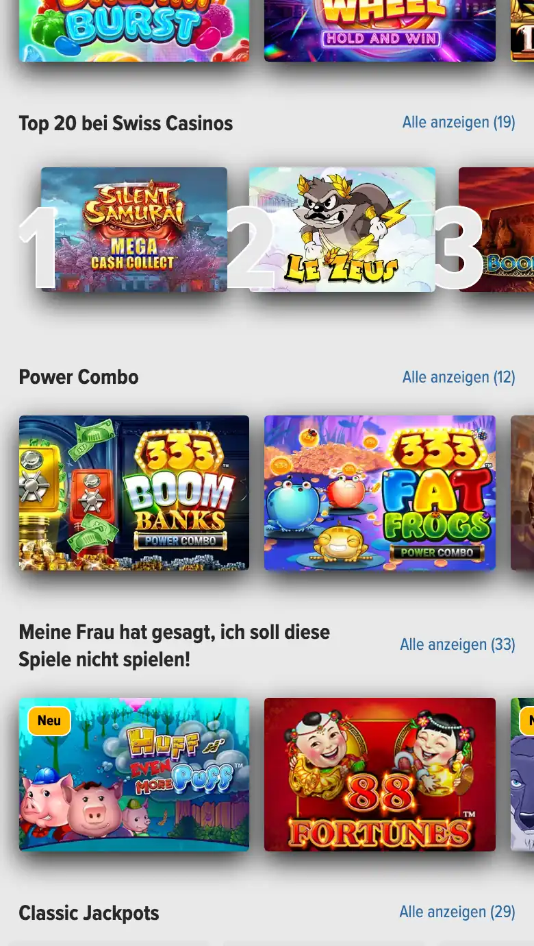 Mobile Ansicht des Lobbys von Swiss Casinos im Browser, Stand Oktober 2026