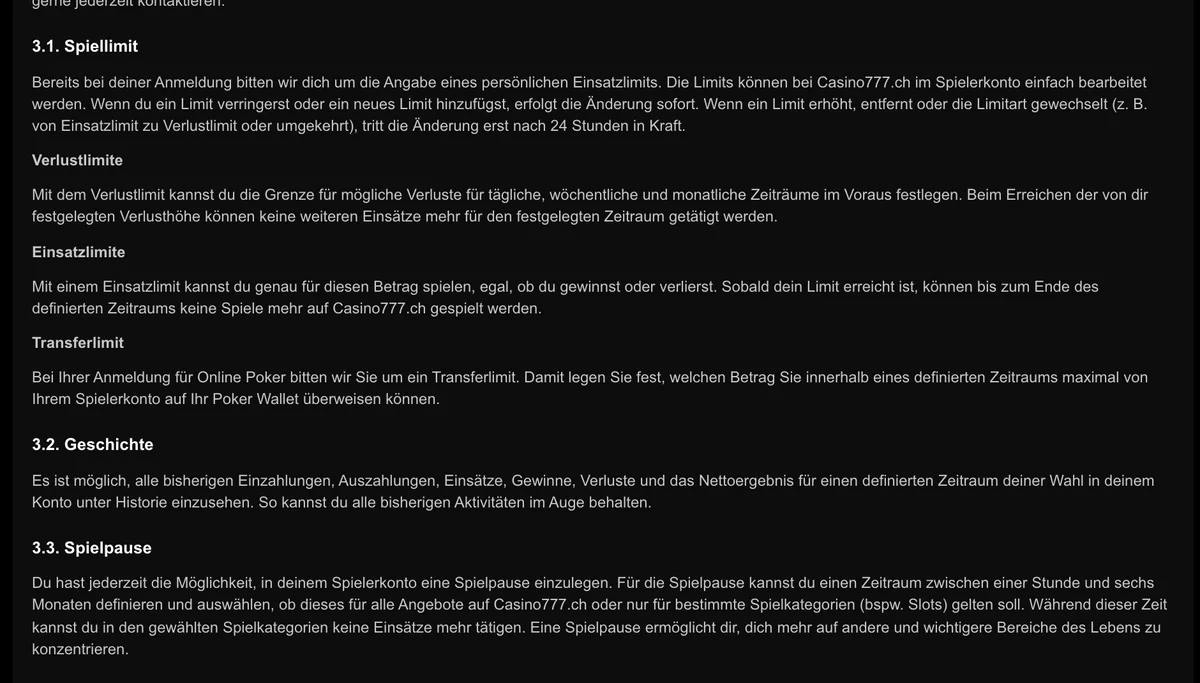 Spielerschutz bei Casino777: Einsatzlimit bei der Anmeldung, Verlust- und Transferlimit sowie Spielpause von einer Stunde bis sechs Monate