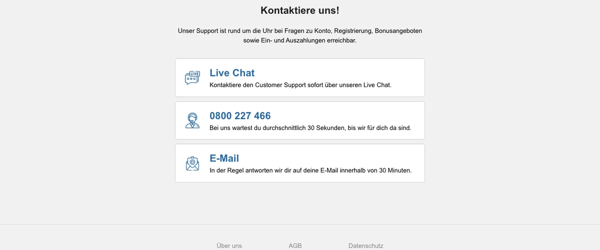 Kontaktseite von Swiss Casinos mit Live Chat, Hotline 0800 227 466 und E-Mail