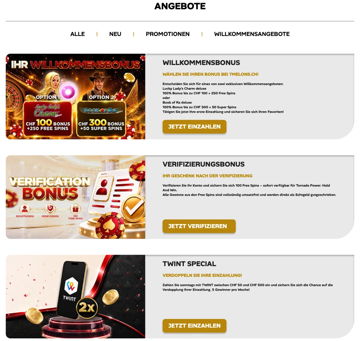 Aktionsseite von 7melons mit Willkommensbonus, Verifizierungsbonus und TWINT-Aktion, Stand Oktober 2026
