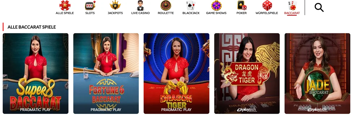 Baccarat-Rubrik von 7melons mit Dragon-Tiger-Tischen von Pragmatic Play und Playtech