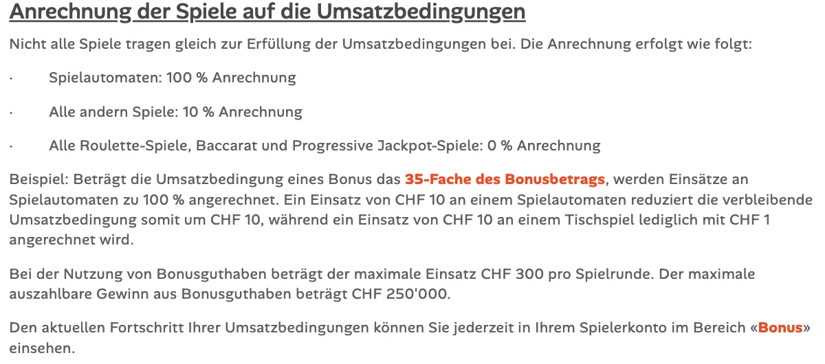 Bonusbedingungen von 7melons: Höchsteinsatz CHF 300 pro Runde, Gewinn aus Bonusguthaben bis CHF 250'000, Stand Oktober 2026
