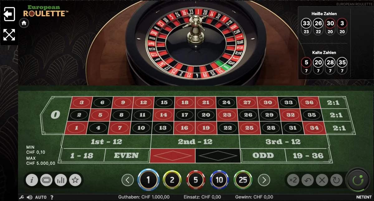 European Roulette von NetEnt im Demo-Modus bei 7melons: Kessel, Tableau und Guthaben in Spielgeld