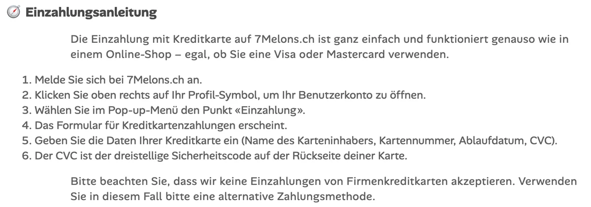 Hinweis von 7melons: keine Einzahlungen mit Firmenkreditkarten, Stand Oktober 2026