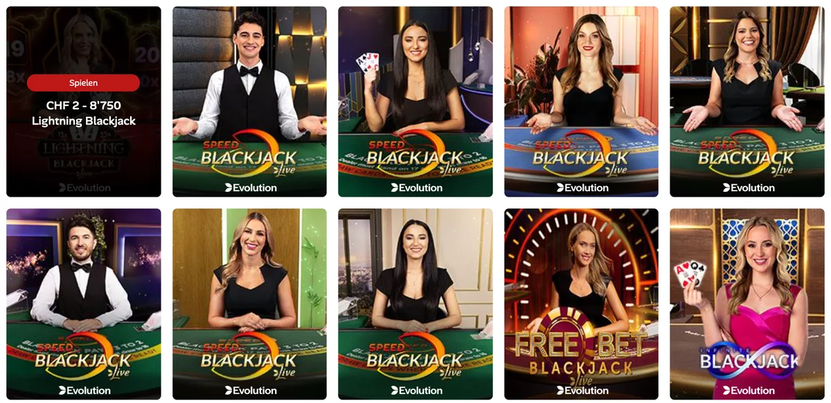 Live-Lobby von 7melons: Lightning Blackjack für CHF 2 bis CHF 8'750, daneben Speed, Free Bet und Infinite